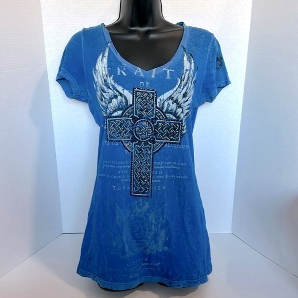 BUCKLE Velvet Stone Cross T-Shirt MEDIUM BLUE